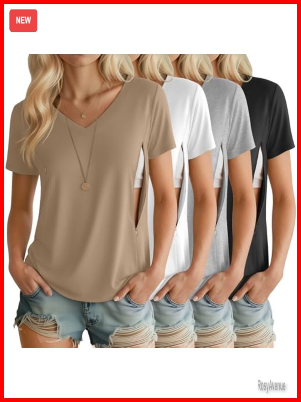 4 Pack Nursing Maternity Shirts V-Neck Short Sleeve Hidden Zipper